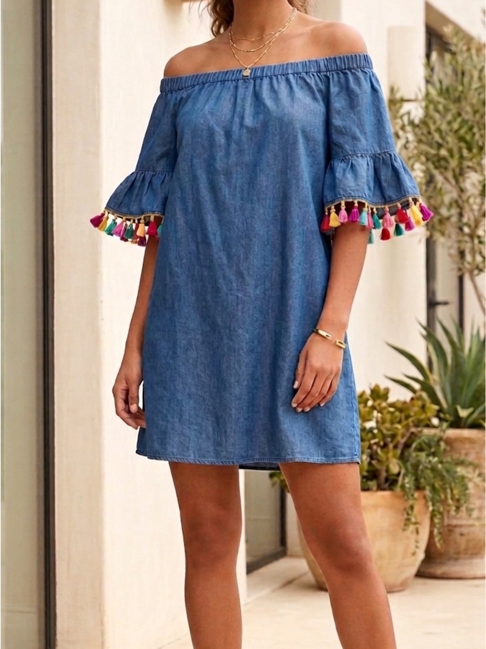 Off the Shoulder Chambray Denim Dress Boho Chic Festival Tassel Detail Size M